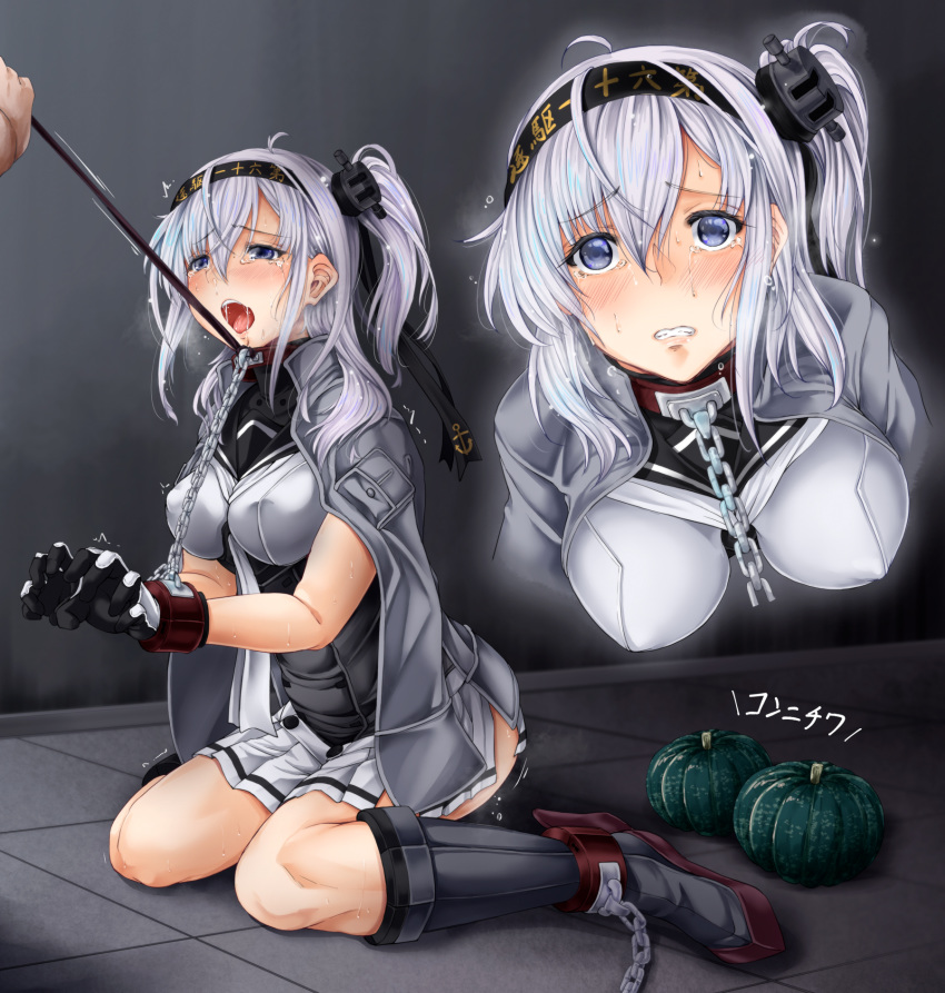 1girl anchor_symbol bdsm black_gloves black_headband black_sailor_collar bound bound_arms bound_wrists breasts chain clothes_writing collar corset crying crying_with_eyes_open cuffs gloves grey_jacket hachimaki headband highres jacket kantai_collection long_hair medium_breasts miniskirt multicolored multicolored_clothes multicolored_gloves multiple_views one_side_up pleated_skirt purple_eyes restrained sailor_collar shackles silver_hair skirt suzutsuki_(kantai_collection) tears tsukineko white_gloves white_headband white_neckwear white_skirt