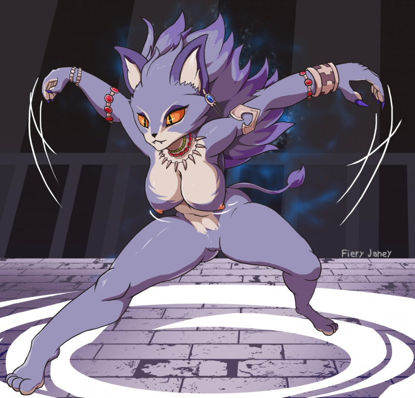 2020 anthro belladonna_(trials_of_mana) breasts ear_piercing ear_ring felid feline female fieryjaneyart fur hi_res jewelry mammal mana_(series) nipples nude piercing purple_body purple_fur solo square_enix trials_of_mana video_games