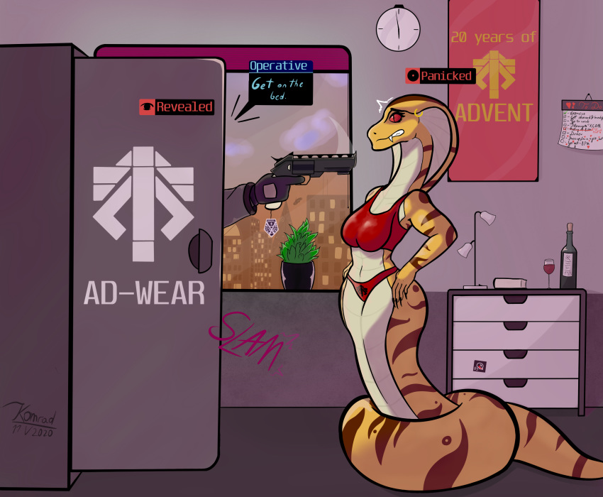 alcohol ambiguous_gender beverage bra city cityscape clenched_teeth clothing dialogue duo female gun hi_res komradjurij logo naga panties piercing ranged_weapon red_clothing red_eyes red_underwear reptile scales scalie serpentine snake standing stripes teeth underwear video_games viper viper_(x-com) weapon white_body white_scales window wine x-com x-com_2 yellow_body yellow_scales