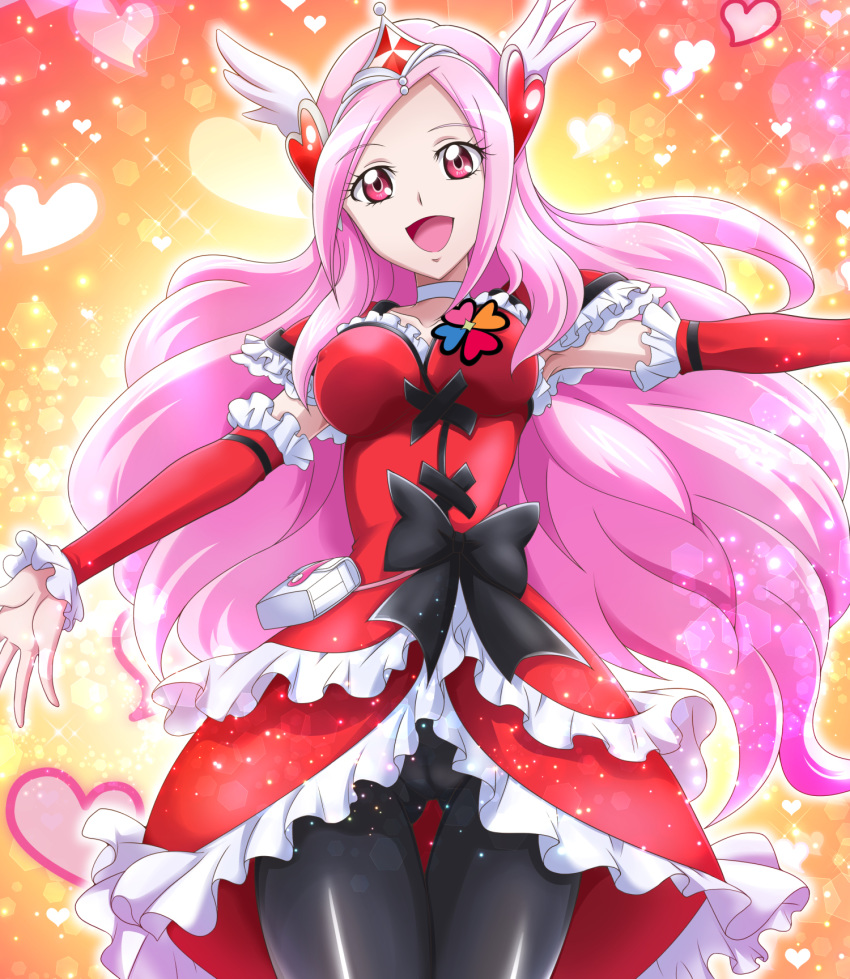 1girl :d bangs black_bow black_legwear bow breasts cameltoe choker collarbone covered_nipples cowboy_shot cure_passion detached_sleeves dress floating_hair fresh_precure! frilled_dress frilled_sleeves frills hanzou heart highres layered_dress long_hair long_sleeves looking_at_viewer medium_breasts open_mouth outstretched_arms pantyhose parted_bangs pink_hair precure red_dress red_eyes red_sleeves shiny shiny_hair sleeveless sleeveless_dress smile solo sparkle standing thigh_gap very_long_hair