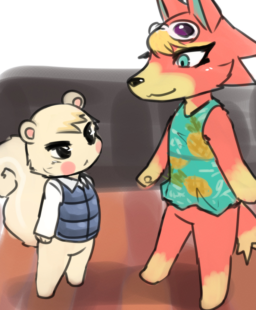 :&lt; animal_crossing anthro audie_(animal_crossing) barefoot big_tail black_eyes black_nose blonde_hair blush blush_stickers bottomless canid canine canis cheek_tuft chibi clothed clothing dipstick_tail dress_shirt duo eye_contact eyewear eyewear_on_head facial_tuft featureless_crotch female fluffy fluffy_tail fur gloves_(marking) hair head_tuft hi_res kemono kemosara larger_female leg_markings looking_at_another male mammal markings marshal_(animal_crossing) multicolored_body multicolored_fur multicolored_tail nintendo orange_body orange_fur rodent sciurid shirt short_hair size_difference sleeveless_shirt smaller_male smile socks_(marking) standing sunglasses sunglasses_on_head tan_body tan_fur teal_eyes topwear tree_squirrel tuft two_tone_body two_tone_fur vest video_games wolf yellow_body yellow_fur