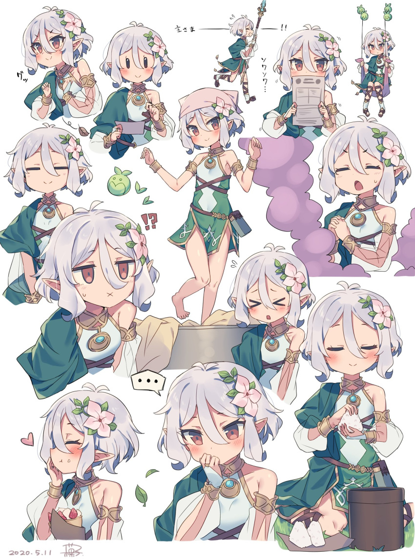 &gt;_&lt; :x blush brown_eyes elf highres kokkoro_(princess_connect!) pointy_ears polearm princess_connect! princess_connect!_re:dive short_hair silver_hair spear wagashi928 weapon