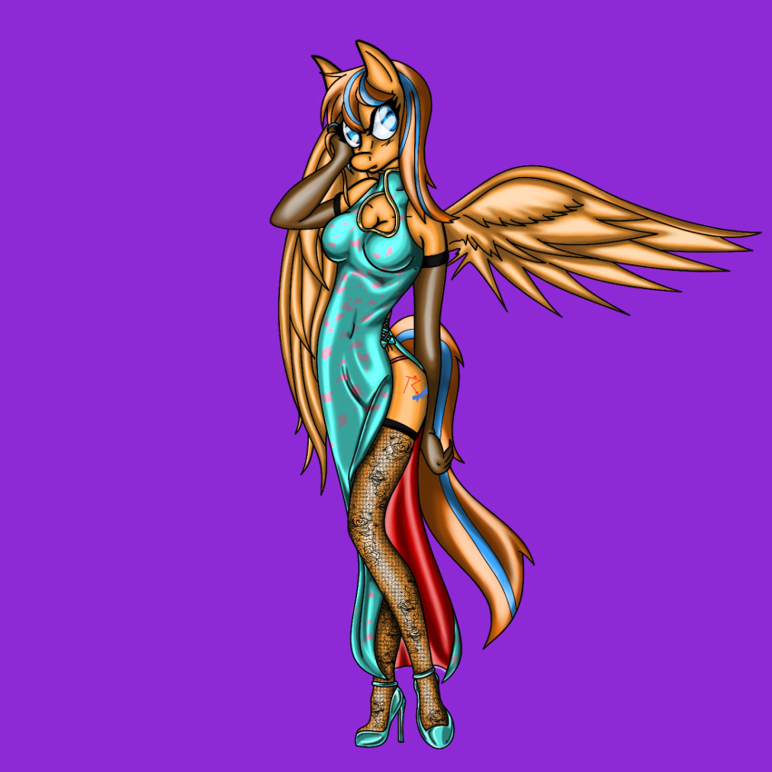 1:1 acespade777 anthro asian_clothing breasts chinese_clothing chinese_dress cleavage clothed clothing cold_front crossgender cutie_mark dress east_asian_clothing equid equine hi_res legwear mammal my_little_pony pegasus solo stockings wings