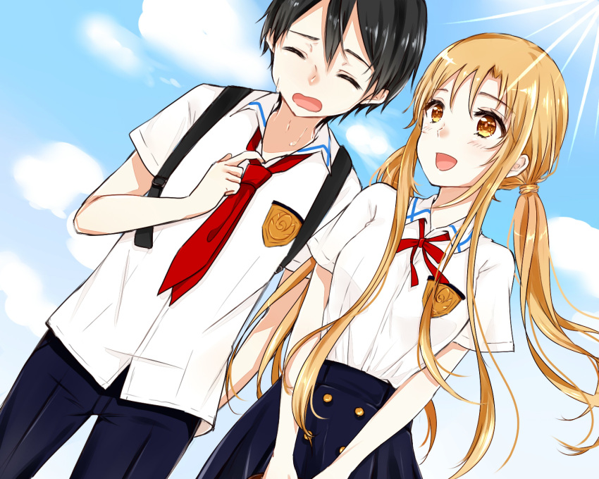 1boy 1girl :d aminyao asuna_(sao) black_hair blonde_hair blue_pants blue_skirt closed_eyes collared_shirt cowboy_shot day dress_shirt dutch_angle floating_hair hair_between_eyes highres kirito long_hair neck_ribbon necktie open_mouth outdoors pants pleated_skirt red_neckwear red_ribbon ribbon school_uniform shiny shiny_hair shirt sidelocks skirt smile standing sunlight sword_art_online twintails very_long_hair white_shirt wing_collar yellow_eyes