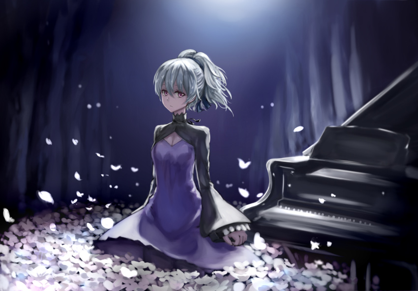 1girl barli breasts cleavage closed_mouth commentary_request darker_than_black dress hair_ribbon highres instrument long_hair looking_at_viewer piano ponytail purple_dress purple_eyes ribbon silver_hair solo yin