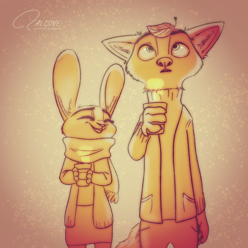 1:1 2018 anthro canid canine cheek_tuft clothed clothing disney duo eyes_closed facial_tuft fox fully_clothed fur hi_res holding_cup holding_object judy_hopps lagomorph leaf leporid mammal nick_wilde open_mouth open_smile qalcove rabbit red_fox scarf simple_background smile steam tuft zootopia
