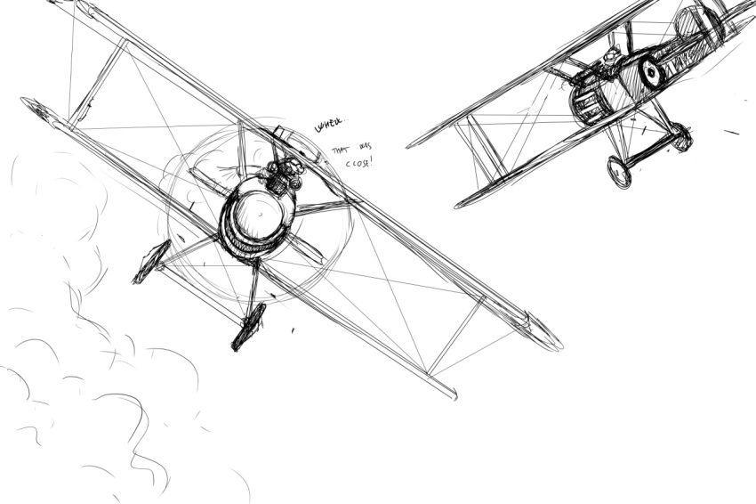 aircraft airplane ambiguous_gender antlers biplane black_and_white cat_knight cervid cloud comic deer_prince dialogue domestic_cat duo english_text felid feline felis flying hladilnik horn mammal monochrome outside propeller simple_background sketch sky text vehicle white_background world_war_1