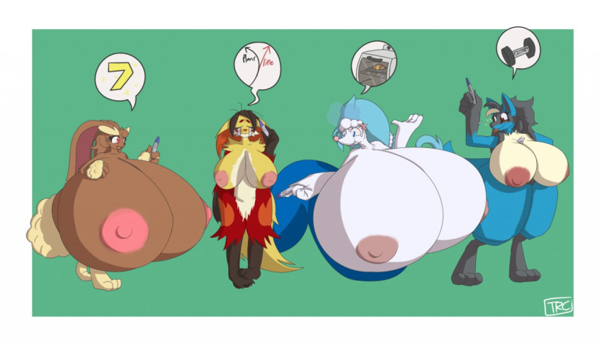 anthro big_breasts blue_eyes blue_hair breasts brown_body brown_fur delphox female female/female fur group growth hair huge_breasts humanoid hyper hyper_breasts hyper_pregnancy inner_ear_fluff lagomorph long_hair looking_at_viewer lopunny lucario mammal nintendo nipples nude open_mouth pok&eacute;mon pok&eacute;mon_(species) pregnancy_test pregnant primarina simple_background smile story story_in_description thick_thighs trcfan tuft video_games