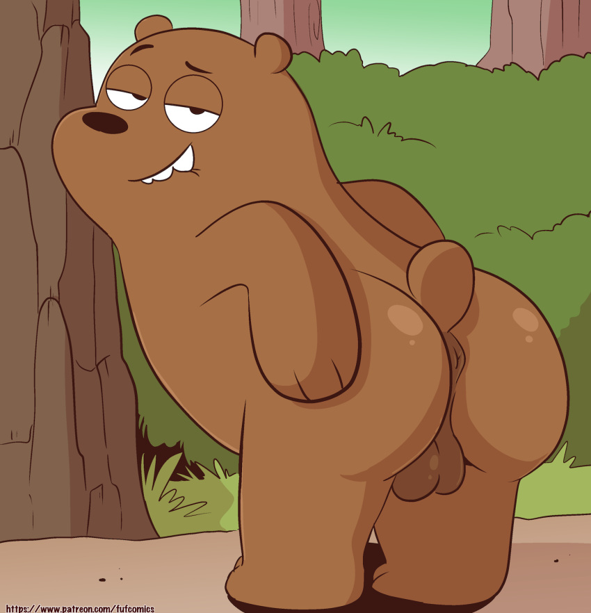 anus balls black_nose butt cartoon_network eyebrows fuf genitals grass grizzly_(wbb) half-closed_eyes hi_res looking_at_viewer male mammal narrowed_eyes nude outside solo text url ursid we_bare_bears