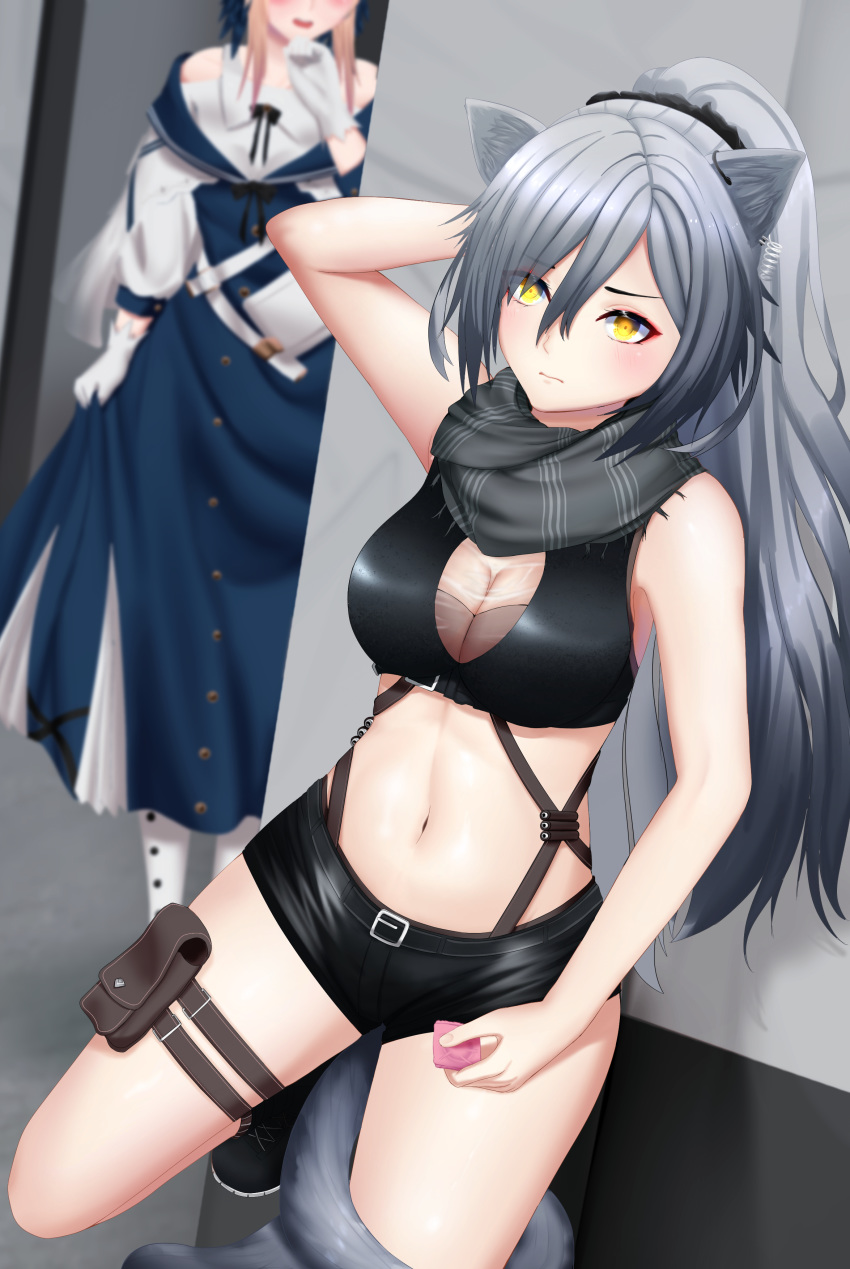 2girls :d absurdres animal_ear_fluff animal_ears arknights arm_behind_head arm_up bangs bare_arms bare_shoulders black_footwear black_shorts blue_dress blush breasts cat_ears cat_tail ceylon_(arknights) cleavage commentary condom_wrapper crop_top dress english_commentary eyebrows_visible_through_hair gloves grey_scarf hair_between_eyes head_out_of_frame highres holding long_hair long_sleeves looking_at_viewer medium_breasts midriff multiple_girls navel open_mouth perdia pink_hair pouch scarf schwarz_(arknights) shoes short_shorts shorts silver_hair sleeveless smile stomach tail thigh_strap thighs white_gloves yellow_eyes