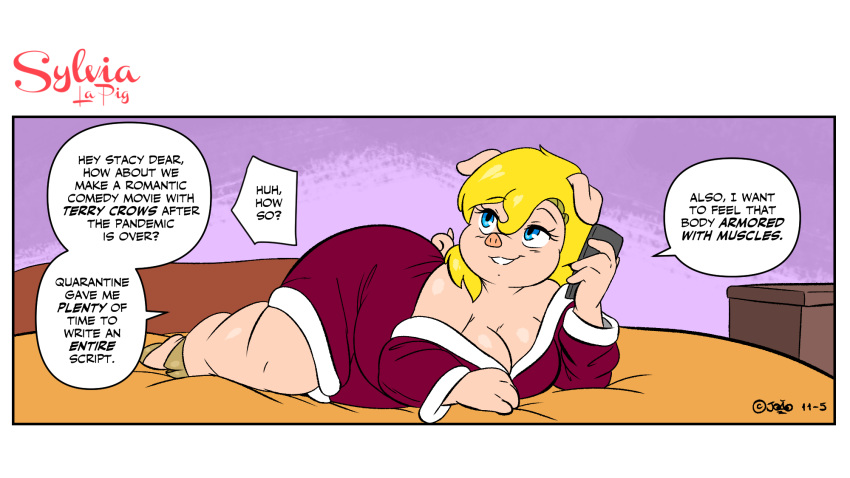 16:9 anthro bed big_breasts blonde_hair breasts cellphone cleavage clothed clothing dialogue domestic_pig english_text female furniture hair hi_res hooves joaoppereiraus lying mammal phone robe solo suid suina sus_(pig) sylvia_(joaoppereiraus) text wide_hips widescreen