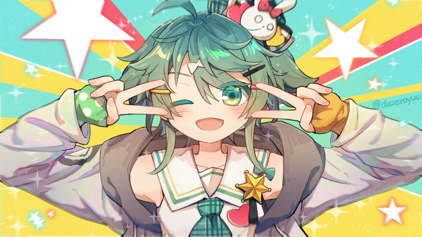 1boy ;d ahoge bangs bare_shoulders blush collarbone commentary_request dazeroyuu double_v eyebrows_visible_through_hair fingerless_gloves gloves green_eyes green_hair hair_ornament hairclip hat heart highres holostars jacket kagami_kira long_sleeves male_focus necktie one_eye_closed open_mouth otoko_no_ko short_hair smile solo star upper_body v virtual_youtuber wallpaper