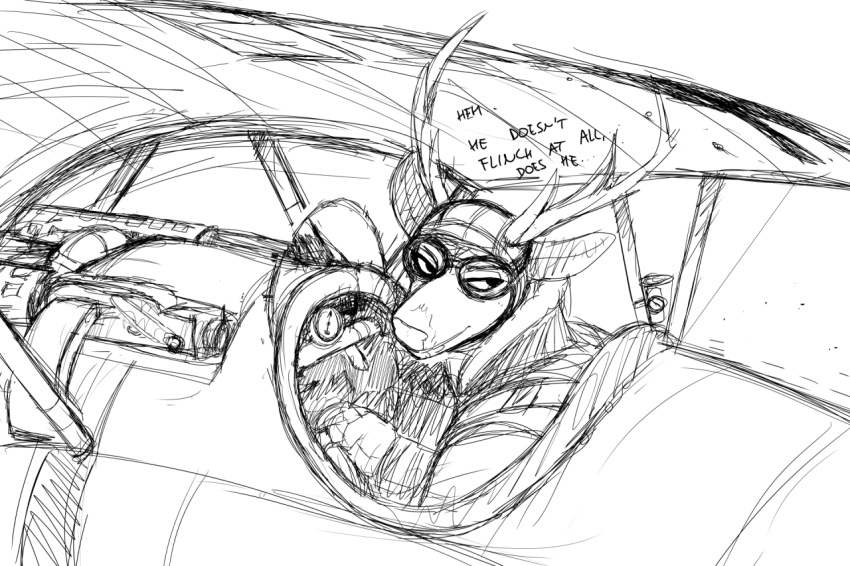 aircraft airplane ambiguous_gender antlers biplane black_and_white cervid clothed clothing comic deer_prince dialogue english_text eyewear flying goggles headgear headwear hladilnik horn male mammal monochrome outside simple_background sketch sky solo text vehicle white_background world_war_1