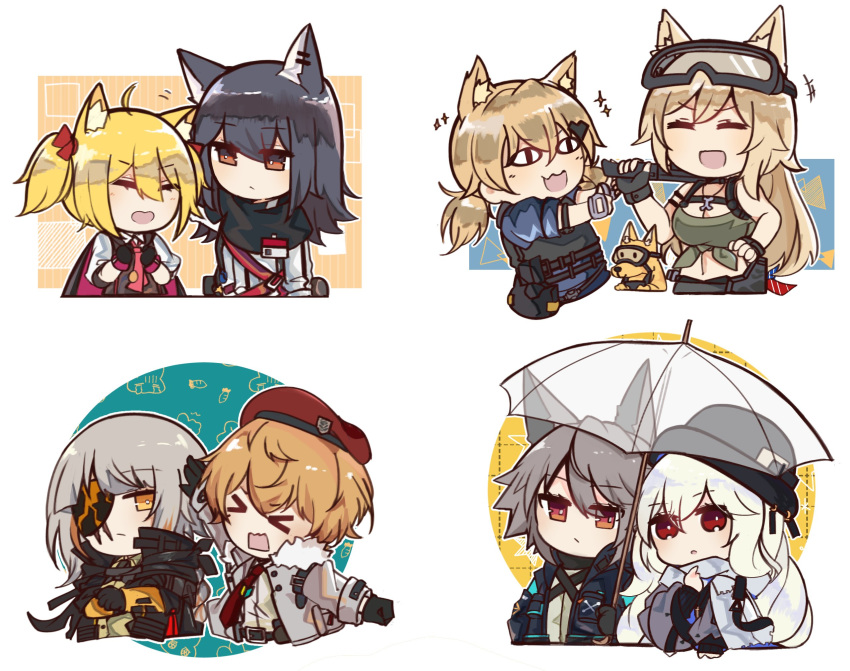 &gt;_&lt; 6+girls animal_ear_fluff animal_ears arknights bangs beret black_gloves black_jacket blonde_hair braid brown_hair cat_ears character_request closed_eyes closed_mouth commander_(girls_frontline) creepy_himecchi dog english_commentary expressionless eyebrows_visible_through_hair eyepatch girls_frontline gloves goggles goggles_on_head hair_between_eyes hair_ornament hat highres holding holding_weapon idw_(girls_frontline) jacket long_hair long_sleeves m16a1_(girls_frontline)_(boss) mod3_(girls_frontline) multicolored_hair multiple_girls necktie open_mouth orange_eyes orange_hair sangvis_ferri scar shirt silver_hair simple_background smile sora_(arknights) specter_(arknights) star streaked_hair texas_(arknights) transparent transparent_umbrella twintails umbrella upper_body weapon white_background white_jacket wolf_ears