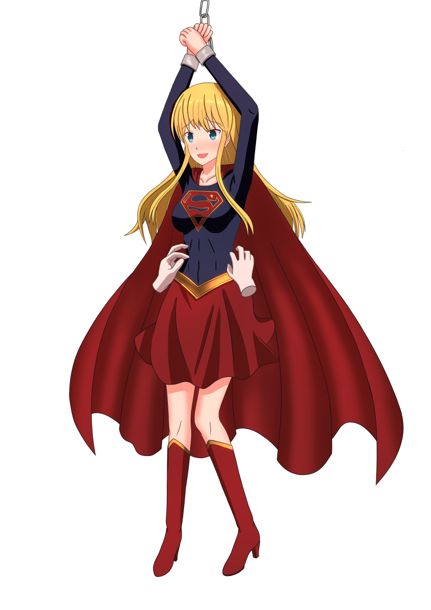 absurdres blonde_hair blue_eyes boots capelet cloak dc_comics highres long_hair supergirl thigh_boots thighhighs tickling xun_yan