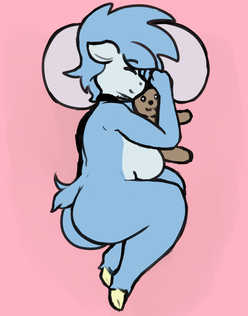 anthro big_breasts big_butt blue_body blue_fur blue_hair breasts butt collar cuddling equid equine female fur hair happy hi_res hooves horse hug lumi_(character) mammal multicolored_body multicolored_fur nude petsoftthings_(artist) pillow presenting presenting_hindquarters sleeping small_tail solo teddy_bear thick_thighs two_tone_body two_tone_fur