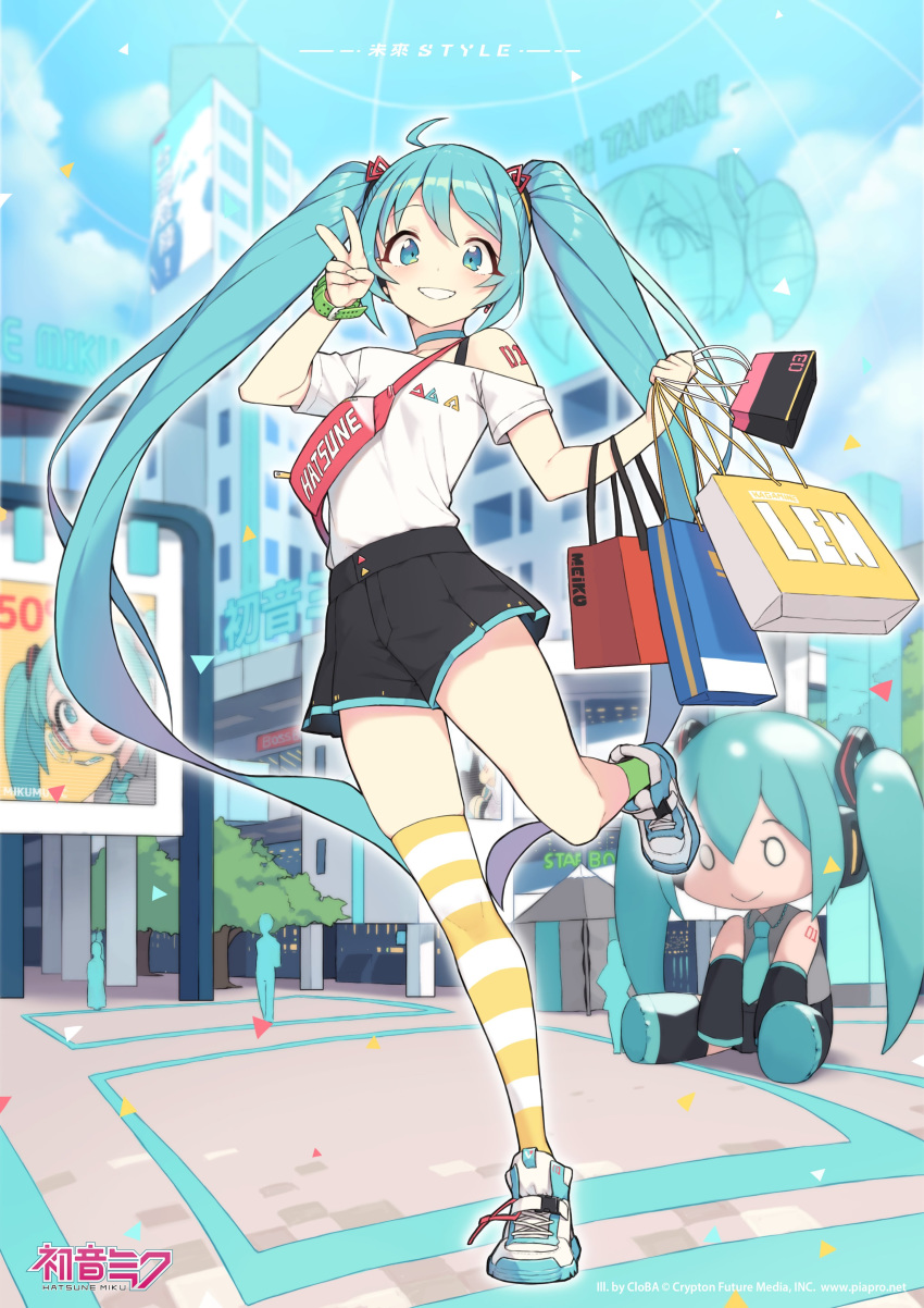 1girl absurdres bag black_shorts blue_choker blue_eyes blue_hair character_doll choker cloba confetti day grin hatsune_miku highres long_hair looking_at_viewer off-shoulder_shirt off_shoulder outdoors shirt shoes shopping_bag short_shorts shorts single_bare_shoulder single_thighhigh smile sneakers solo_focus standing standing_on_one_leg striped striped_legwear thighhighs twintails v very_long_hair vocaloid watch white_shirt wristwatch
