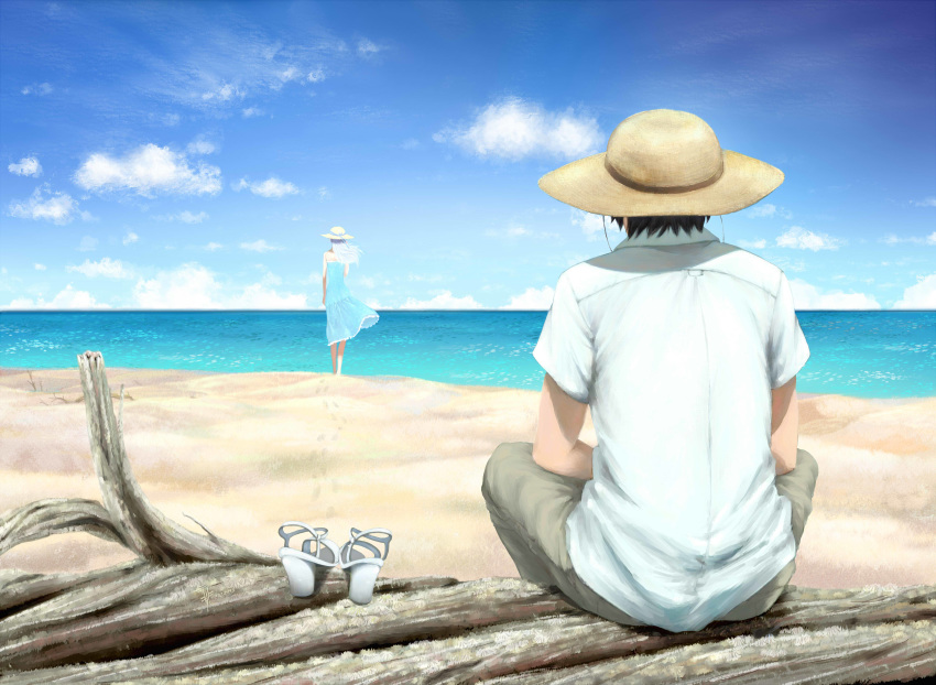 1boy 1girl absurdres bare_shoulders black_hair blue_dress cloud darker_than_black dress from_behind hat hei highres long_hair ocean ponytail silver_hair sitting sun_hat sundress yin