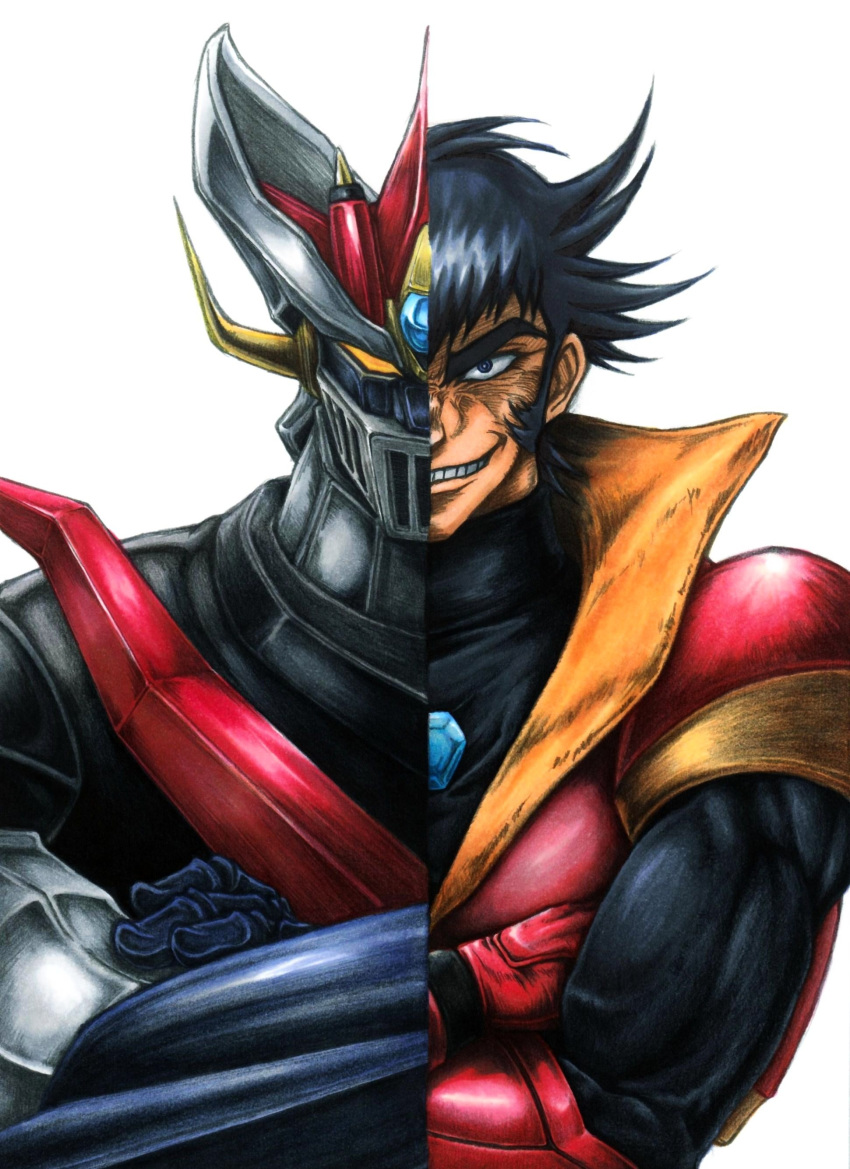 1boy absurdres biceps black_eyes black_hair crossed_arms great_mazinger_(robot) highres line_shading mecha shin_mazinger_shougeki!_z-hen smirk split_image super_robot tsurugi_tetsuya white_background wrato