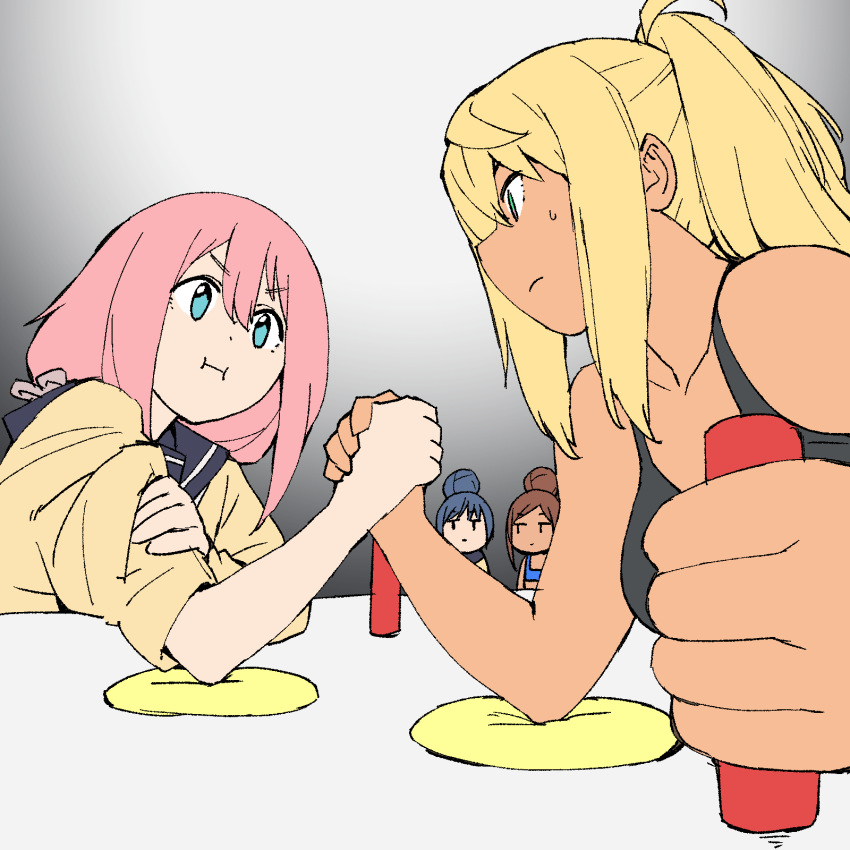 4girls :i arm_wrestling blonde_hair blue_eyes blue_hair brown_hair chibi crossover dark_skin dumbbell_nan_kilo_moteru? gradient gradient_background hair_bun highres jitome kagamihara_nadeshiko multiple_girls onsen_tamago_(hs_egg) pink_hair ponytail sakura_hibiki school_uniform shima_rin sleeves_rolled_up tank_top uehara_ayaka yurucamp