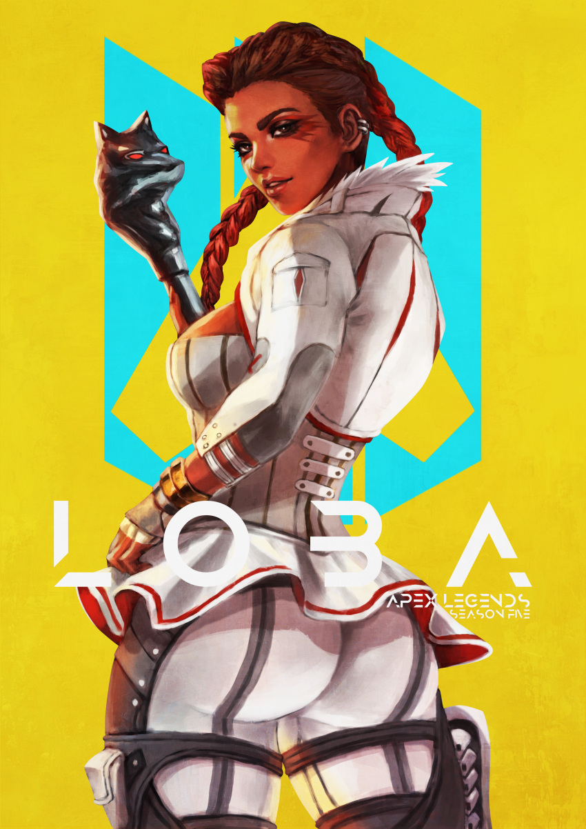 1girl absurdres apex_legends ass backlighting braid breasts character_name commentary copyright_name corset cropped_jacket dark_skin earrings english_commentary eyelashes eyeshadow facial_mark fingerless_gloves from_behind gloves hair_slicked_back highres jewelry large_breasts lips loba_(apex_legends) looking_at_viewer looking_back makeup monori_rogue nose pants skin_tight solo staff thick_eyebrows thighhighs twin_braids undercut white_pants
