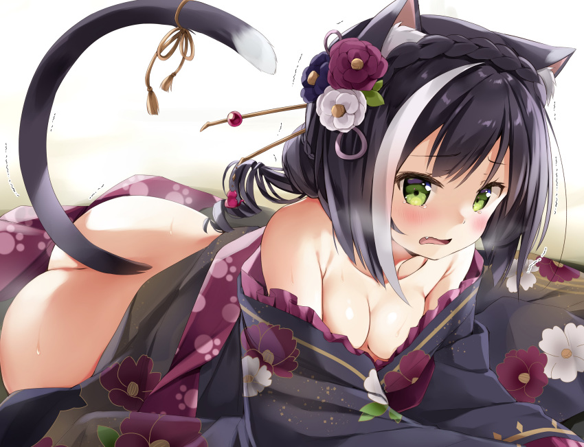 animal_ears ass black_hair blush braids breasts catgirl cleavage fang green_eyes japanese_clothes karyl natsume_eri no_bra nopan princess_connect! tail tears yukata