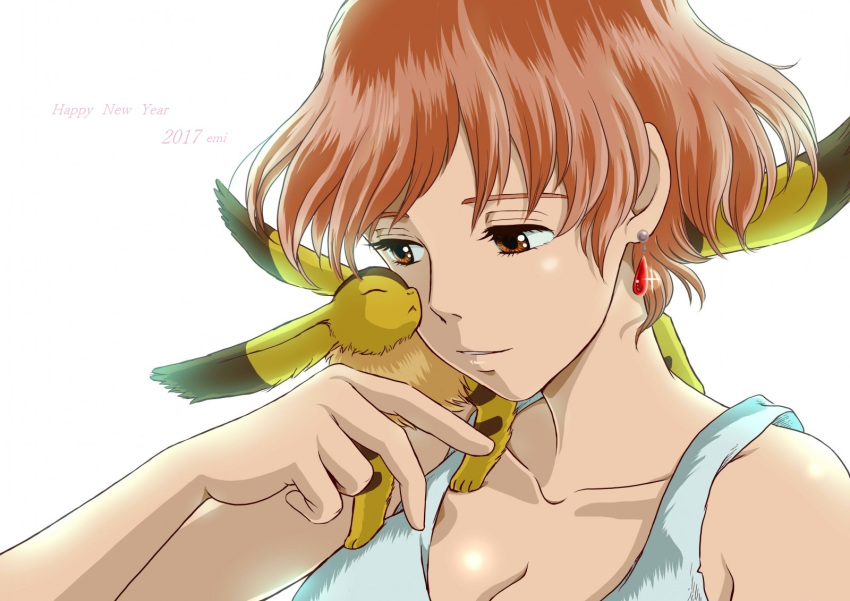 1girl animal breasts brown_eyes brown_hair cleavage commentary_request earrings emi_(green_wave) gloves highres jewelry kaze_no_tani_no_nausicaa nausicaa short_hair simple_background studio_ghibli teto white_background