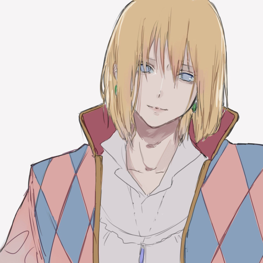 1boy blonde_hair blue_eyes closed_mouth earrings highres howl_(howl_no_ugoku_shiro) howl_no_ugoku_shiro jewelry looking_at_viewer male_focus necklace simple_background smile solo