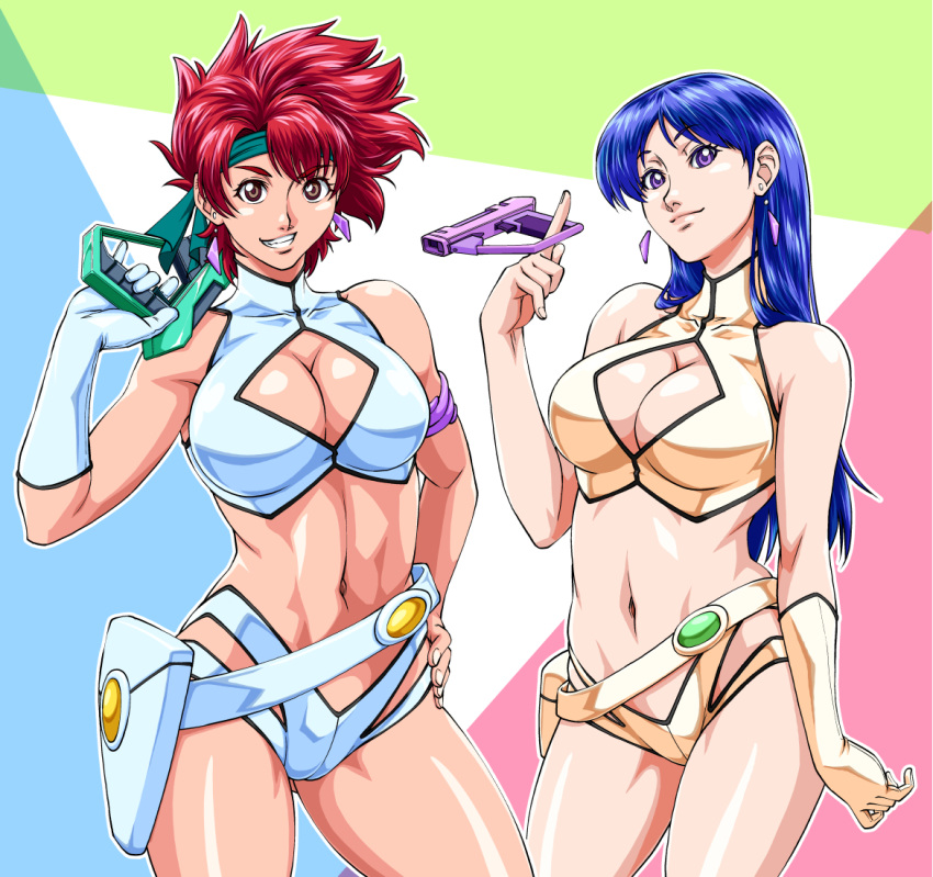 2girls blue_hair breasts brown_eyes cleavage dirty_pair gloves green_hairband gun hairband holding holding_weapon ikumo_taisuke kei_(dirty_pair) long_hair midriff multiple_girls navel purple_eyes red_hair short_hair single_glove smile teeth weapon yuri_(dirty_pair)