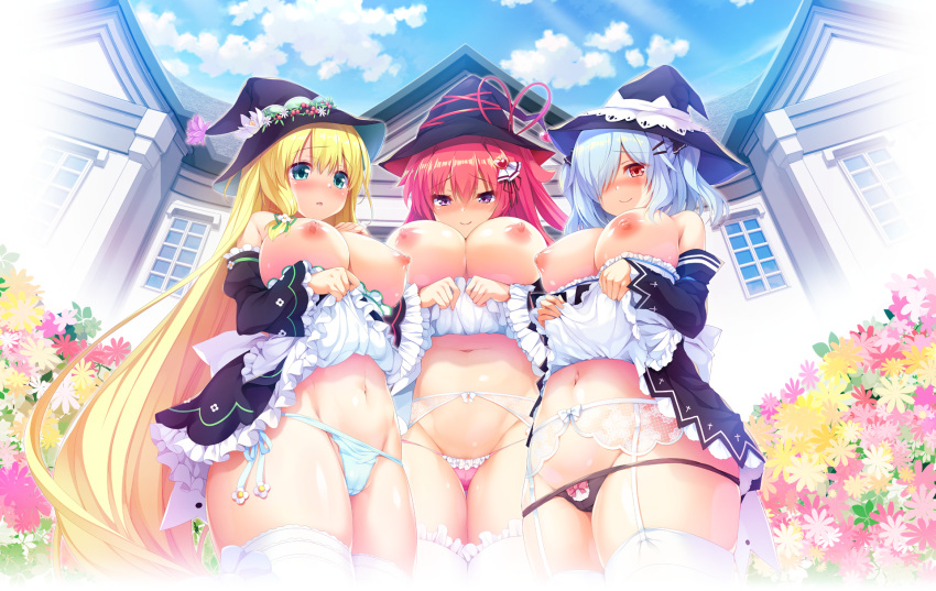 3girls alisa_forerulozzo apron aqua_eyes black_panties blonde_hair blue_panties blush bow bow_panties breasts breasts_outside cowboy_shot day detached_sleeves dress flower game_cg garter_belt garter_straps hair_ornament hairclip hat highres huge_breasts ichiyou_moka light_blue_hair liliana_echsun long_hair looking_at_viewer maid_in_witch_life! mansion multiple_girls navel nipples official_art outdoors panties pink_hair pink_panties purple_eyes red_eyes side-tie_panties smile strapless strapless_dress string_panties take_your_pick thighhighs two_side_up underwear very_long_hair waist_apron white_legwear witch_hat yuel_yunietto