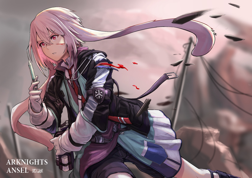 1boy absurdres animal_ears ansel_(arknights) arknights bleeding blood bunny_boy bunny_ears character_name commentary_request deep_wound doctor highres holding holding_syringe injury jacket jtleeklm long_sleeves male_focus medic necktie needle outdoors pink_hair power_lines red_neckwear solo stethoscope syringe telephone_pole