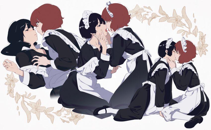 2girls black_hair closed_eyes couple eye_contact face-to-face highres holding_hands hug imminent_kiss kamo_kamen kiss long_hair looking_at_another maid maid_dress maid_headdress multiple_girls original red_hair short_hair yuri