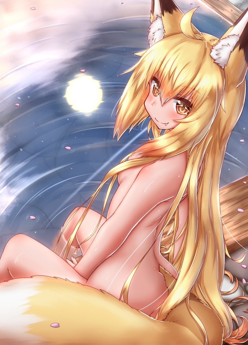 ahoge animal_humanoid big_tail blonde_hair blush breasts brown_body brown_fur butt canid canid_humanoid canine canine_humanoid cute_fangs detailed_background dipstick_ears dipstick_tail female flower_petals fluffy fluffy_tail fox_humanoid full_moon fur glistening hair hi_res high-angle_view horokusa0519 hot_spring humanoid inner_ear_fluff light_skin long_hair looking_at_viewer mammal mammal_humanoid monotone_hair moon multicolored_body multicolored_ears multicolored_fur multicolored_tail nude onsen outside partially_submerged petals reflection sitting slim small_breasts smile solo tuft water water_reflection wet white_body white_fur yellow_body yellow_eyes yellow_fur