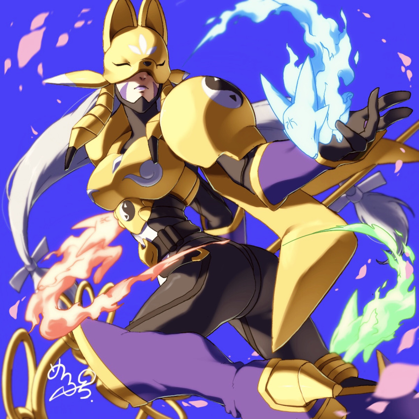 1girl armor ass belt black_bodysuit blue_background bodysuit boots breasts covered_eyes cowboy_shot digimon facial_mark fox_mask gloves high_heels highres holding holding_staff large_breasts lipstick long_hair looking_at_viewer low-tied_long_hair low_twintails makeup maplo mask open_hand purple_legwear purple_lipstick sakuyamon shoulder_armor signature silver_hair simple_background solo spirit staff twintails twisted_torso very_long_hair yellow_armor yin_yang yin_yang_print