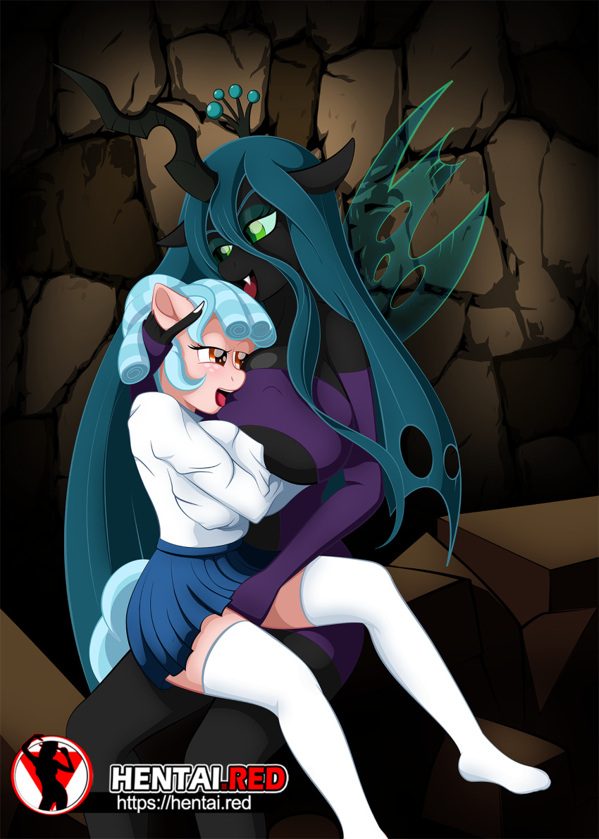 age_difference anthro arthropod big_breasts bottomwear breasts changeling clothing cozy_glow_(mlp) duo equid equine female female/female fingering freckles friendship_is_magic hentaired hi_res horse huge_breasts larger_female legwear looking_pleasured mammal my_little_pony nipple_outline older_female pony queen_chrysalis_(mlp) size_difference skirt smaller_female thigh_highs vaginal vaginal_fingering young younger_female