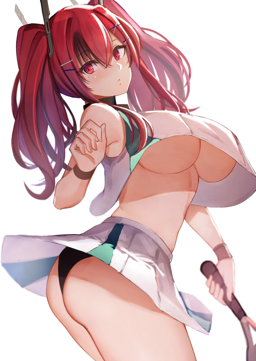 1girl absurdres ass azur_lane bare_shoulders black_panties blush breasts bremerton_(scorching-hot_training)_(azur_lane) closed_mouth crop_top crop_top_overhang eyebrows_visible_through_hair grey_hair hair_between_eyes hair_ornament hairclip highres holding_racket large_breasts long_hair looking_at_viewer multicolored_hair panties pnatsu racket red_eyes red_hair shirt simple_background sleeveless sleeveless_shirt solo sportswear streaked_hair tennis_racket tennis_uniform twintails two-tone_shirt two-tone_skirt underwear white_background x_hair_ornament