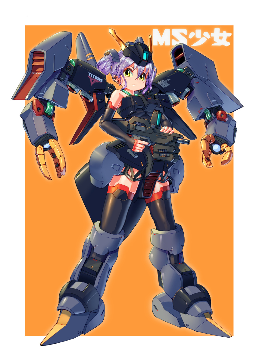 1girl absurdres ag_00000 byalant ear_piercing gun gundam highres holding holding_gun holding_weapon looking_at_viewer looking_down mecha_musume mechanical_wings piercing purple_hair solo thighhighs thrusters twintails weapon wings yellow_eyes zeta_gundam