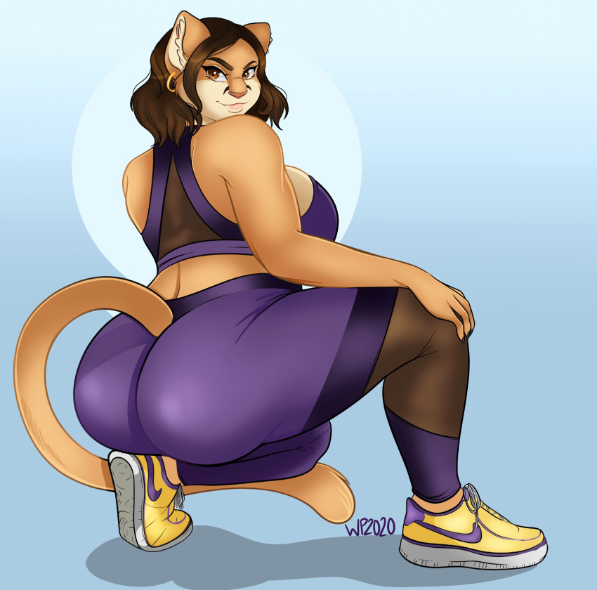 anthro big_butt blue_background bra breasts brown_eyes brown_hair butt catsmeow clothing cougar crossgender crouching curvaceous curvy_figure ear_piercing ear_ring felid feline female footwear gym_clothing hair hi_res huge_butt leggings legwear long_tail looking_back mammal piercing purple_clothing randochris_(character) shoes simple_background sneakers solo sports_bra thick_thighs tights underwear voluptuous yellow_clothing yellow_footwear yellow_shoes