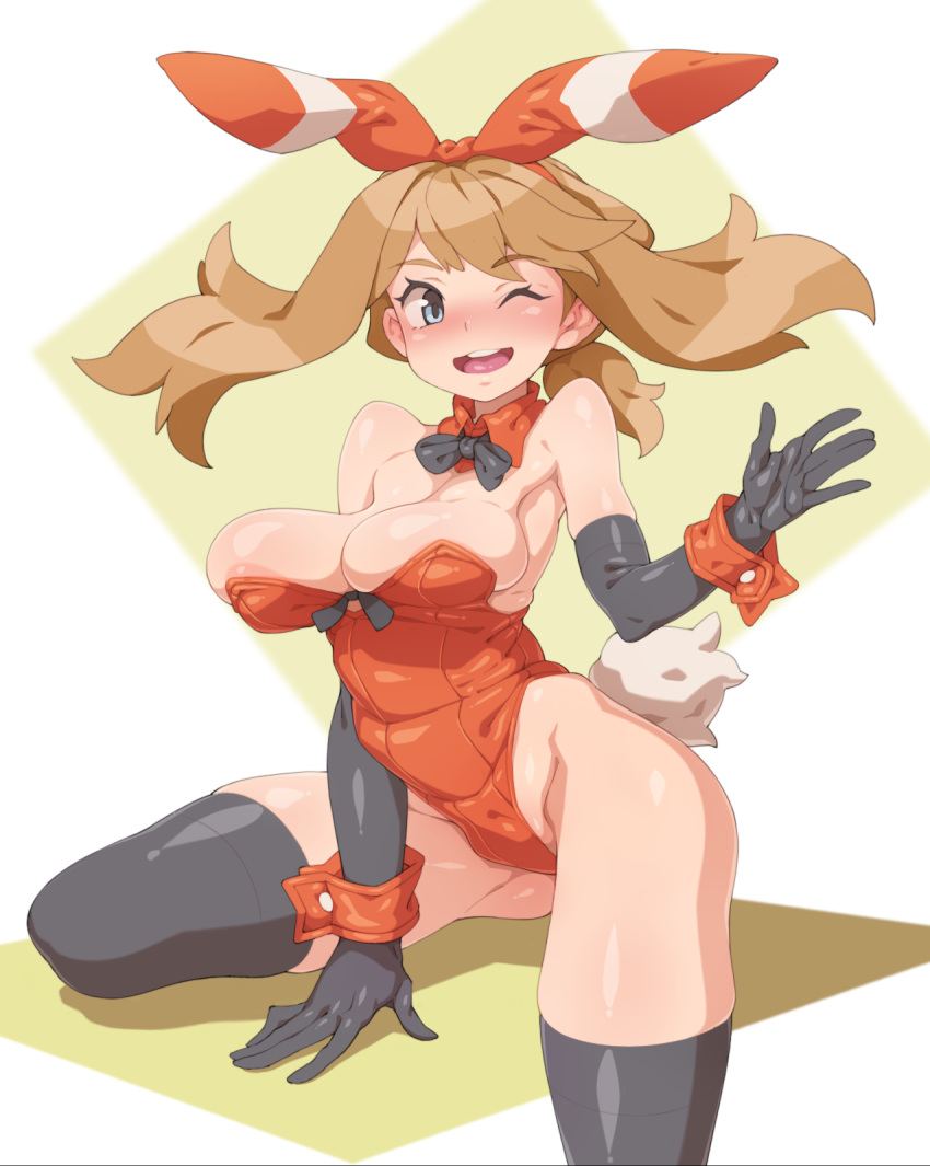 1girl areolae black_gloves black_legwear black_neckwear blue_eyes bow bowtie breasts brown_hair bunnysuit cleavage detached_collar elbow_gloves eyebrows_visible_through_hair gloves hairband haruka_(pokemon) highres large_breasts one_eye_closed open_mouth pokemon pokemon_(game) pokemon_oras red_hairband smile solo teeth tenako_(mugu77) thighhighs upper_teeth