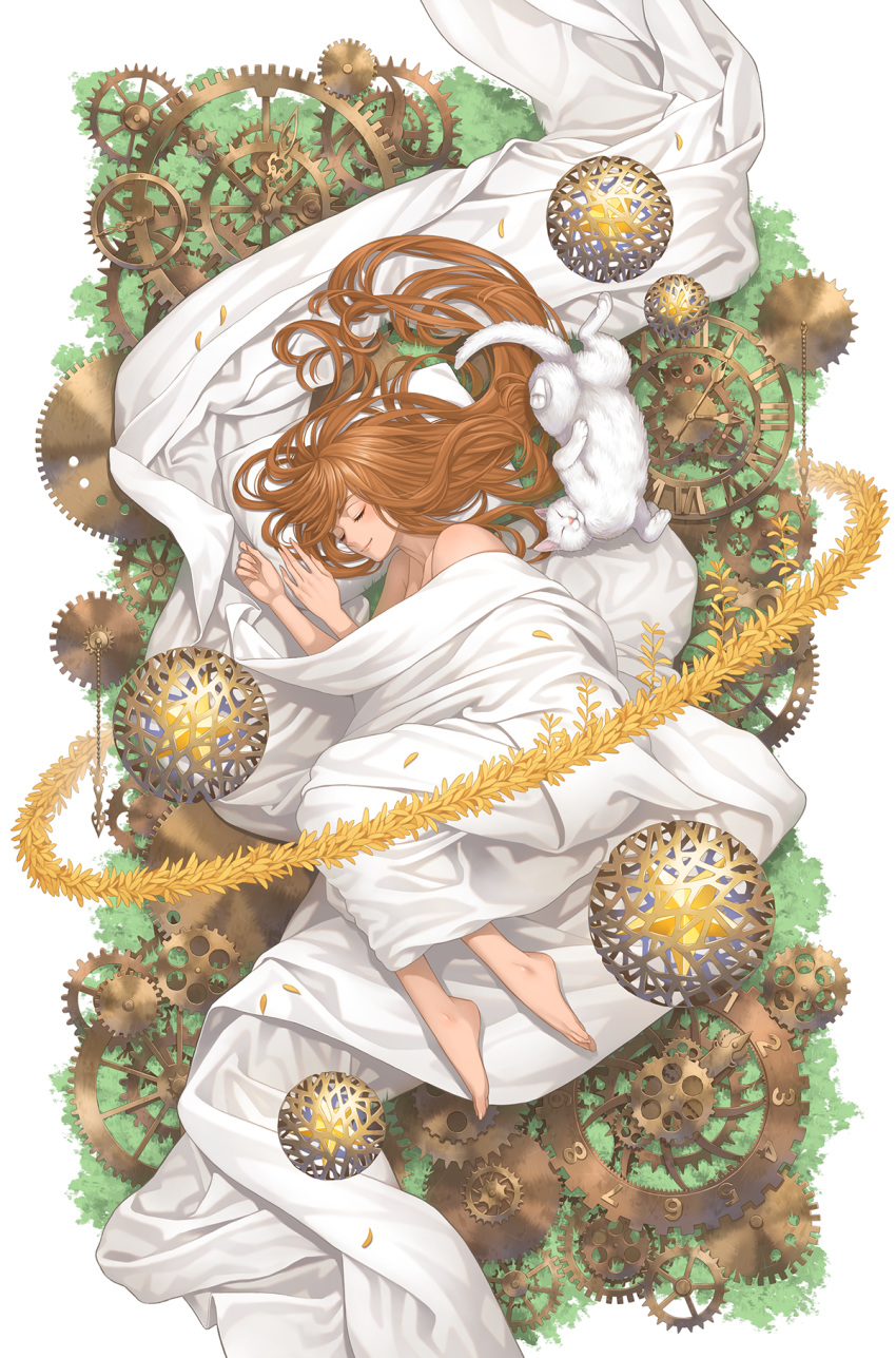 1girl animal bangs bare_shoulders barefoot blanket brown_hair cat clock clock_hands closed_eyes closed_mouth commentary_request fetal_position gears grass highres leaf long_hair lying minami_(minami373916) naked_sheet number on_side original plantar_flexion smile sphere star wreath