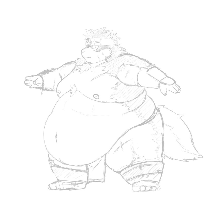 accessory anthro belly belly_overhang big_belly bodily_fluids canid canine canis clothed clothing fur headband hi_res horkeukamui loincloth love_handles male mammal monochrome moobs navel nipples obese obese_male overweight overweight_male scar solo standing sweat thick_thighs tokyo_afterschool_summoners video_games wide_hips wolf yo_bigbear