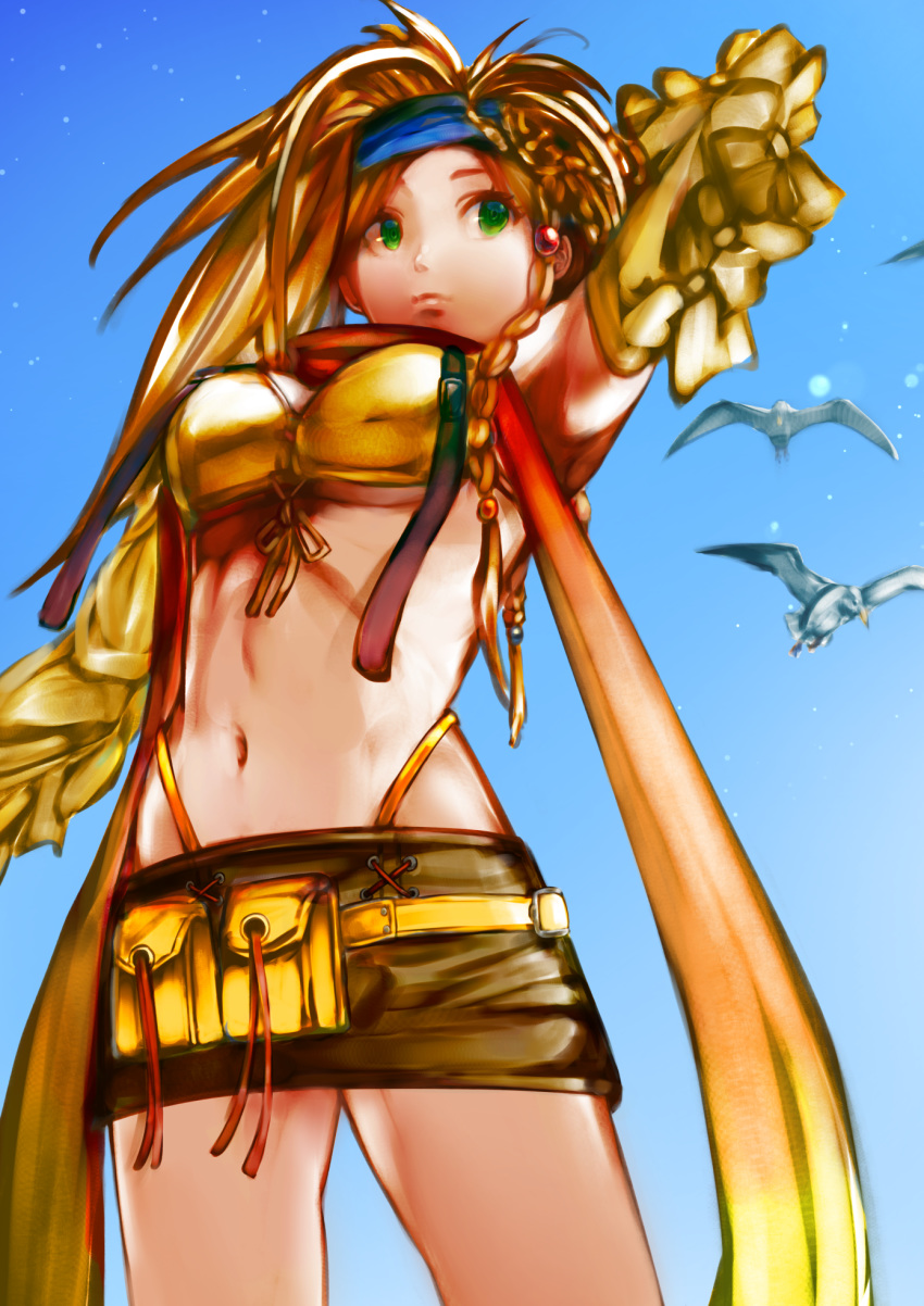 1girl al_bhed_eyes animal arm_behind_head arm_up beads bikini bikini_under_clothes bird blonde_hair blue_headband blue_sky braid breasts brown_skirt chienon closed_mouth detached_sleeves final_fantasy final_fantasy_x final_fantasy_x-2 green_eyes hair_beads hair_ornament headband highleg highleg_bikini highres long_hair long_sleeves medium_breasts miniskirt navel outdoors pouch rikku scarf seagull skirt sky solo swimsuit underboob yellow_bikini