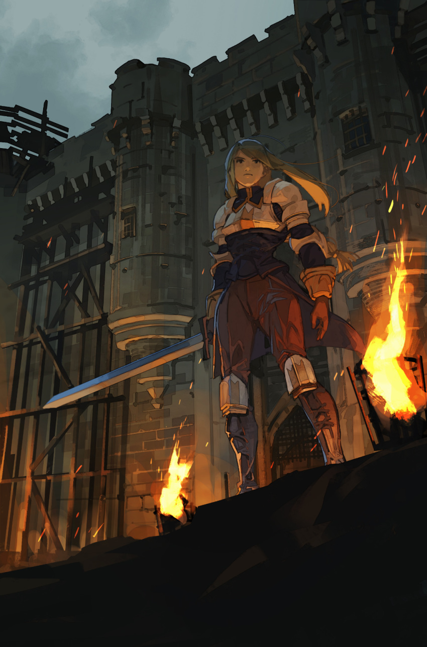 1girl agrias_oaks armor battlement blonde_hair braid building castle final_fantasy final_fantasy_tactics fire fortress gloves highres knight long_hair midoriimo_(9ne8n) outdoors single_braid solo sword wall weapon