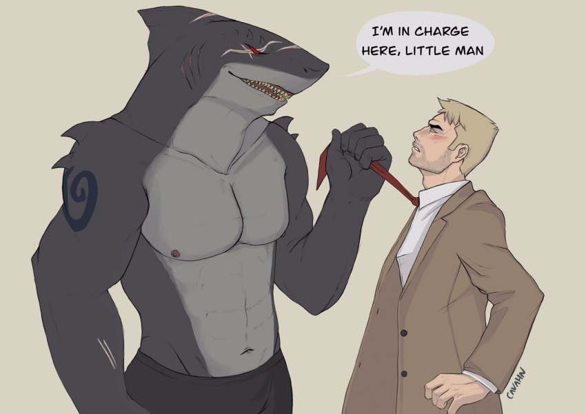 2020 anthro blonde_hair blush cavahn dc_comics domination fish hair hi_res human human_on_anthro interspecies john_constantine king_shark male male/male male_domination mammal marine muscular muscular_male red_eyes scar seductive shark tattoo tie_pull