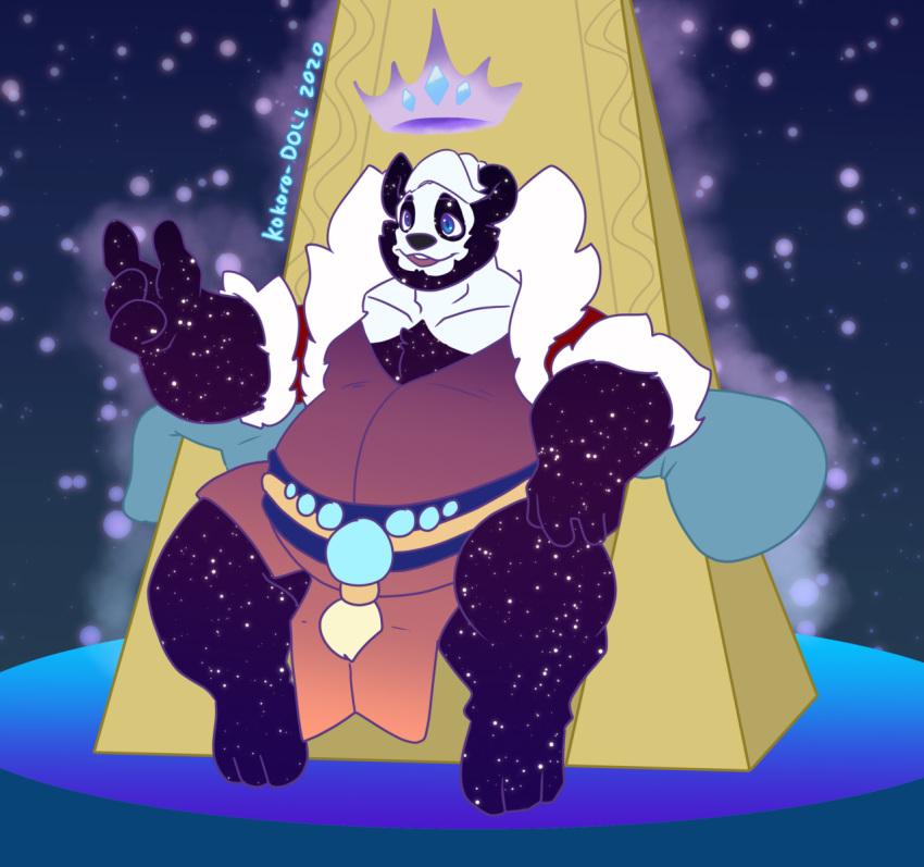 anthro belly big_belly blue_eyes chair clothing crown furniture giant_panda hi_res kokoro-doll male mammal open_mouth overweight sitting solo starry_sky_motif throne ursid yoggy