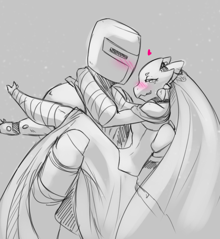 &lt;3 anthro armor blush bodily_fluids breasts bridal_carry carrying cleavage clothed clothing crying female happy headgear helmet hi_res human knight kobold male male/female mammal monochrome prosthetic prosthetic_leg prosthetic_limb public rut_(teaspoon) smile tears teaspoon warrior wedding