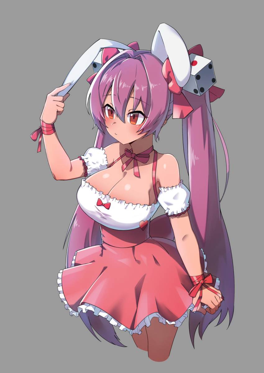 1girl animal_ears bangs bare_shoulders blush bow breasts bunny_ears cleavage cropped_legs di_gi_charat dice dice_hair_ornament dress frilled_dress frills grey_background hair_between_eyes hair_bow hair_intakes hair_ornament highres large_breasts long_hair purple_hair red_bow red_eyes solo twintails ubo_(dbsgurdbsk) usada_hikaru very_long_hair wrist_bow