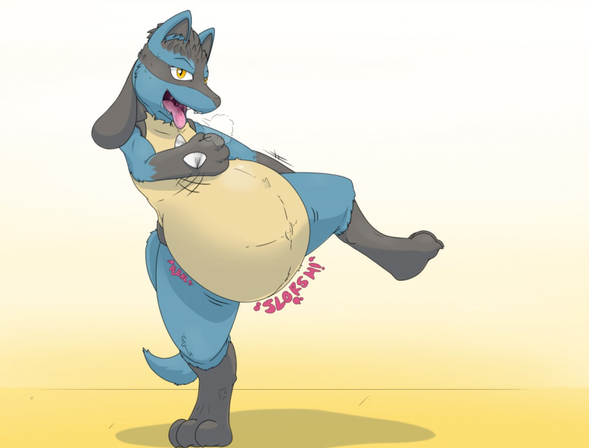 2019 3_toes 4_fingers abdominal_bulge ambiguous_gender amper anthro arm_tuft belly belly_tuft big_belly black_eyebrows blue_body blue_ears blue_fur blue_tail blue_tuft bodily_fluids breath canid canine cheek_tuft chest_spike claws colored cute_fangs detailed_navel digital_drawing_(artwork) digital_media_(artwork) drooling elbow_tufts english_text eyebrows facial_markings facial_tuft fan_character fidcario_(fidchellvore) fingers fur gloves_(marking) gradient_background grey_body grey_claws grey_feet grey_fur grey_hair grey_hands grey_inner_ear grey_markings hair half-closed_eyes hand_on_chest hand_spike head_markings knee_tuft leg_tuft looking_at_viewer lucario mammal markings mask_(marking) narrowed_eyes navel nintendo open_mouth panting pink_tongue pok&eacute;mon pok&eacute;mon_(species) raised_leg saliva saliva_on_tongue shaded simple_background snout soft_vore solo spikes standing sweat tail_tuft tan_body tan_fur tan_tuft text throat toe_claws toes tongue tongue_out tuft unseen_character uvula video_games vore white_background yellow_background yellow_eyes