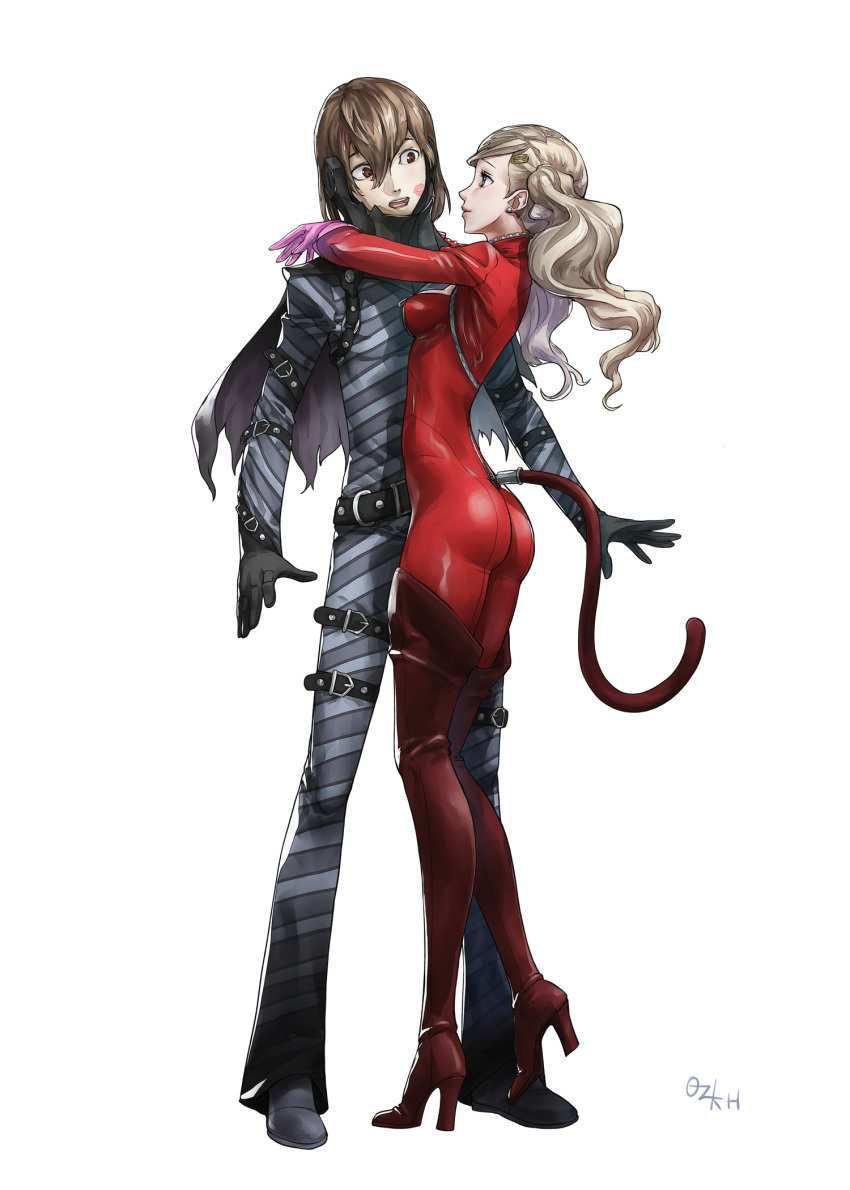 1boy 1girl akechi_gorou arms_around_neck ass blonde_hair blue_eyes bodysuit boots breasts brown_eyes brown_hair capelet cat cat_tail cleavage confused earrings embarrassed gloves hair_ornament hairclip highres jewelry kiss long_hair looking_at_viewer mask medium_breasts ozkh6 persona persona_5 red_eyes short_hair simple_background skinsuit smile spikes striped tail takamaki_anne thighhighs twintails