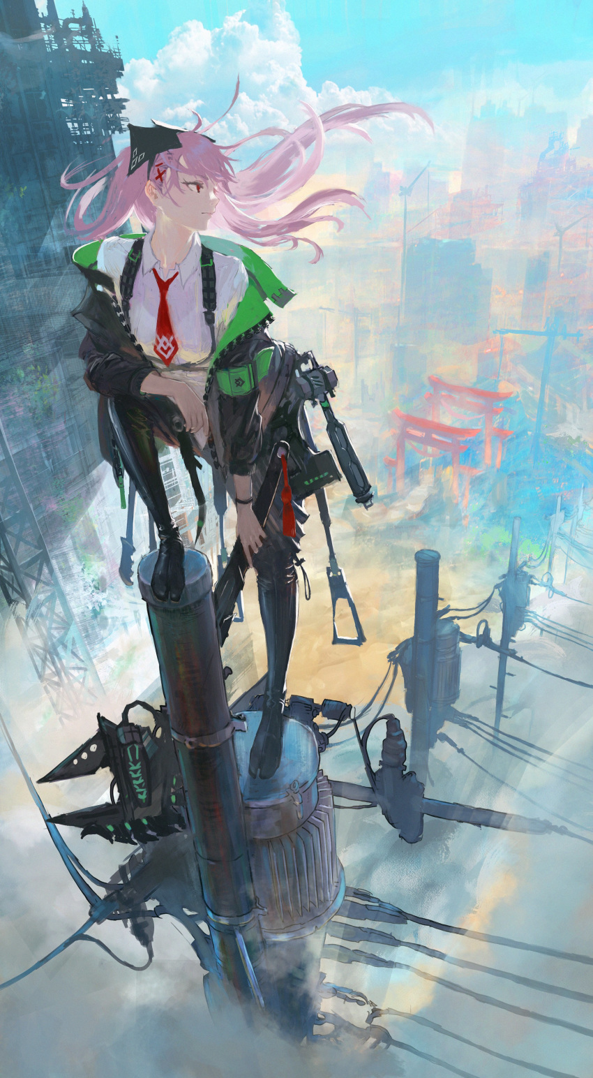 1girl 710_curry above_clouds absurdres arm_on_knee black_jacket black_legwear blue_sky boots building city cityscape cloud cloudy_sky collared_shirt crane_(machine) day fog full_body hair_ornament highres holding jacket jika-tabi long_hair looking_to_the_side necktie open_clothes open_jacket original outdoors pink_hair power_lines red_eyes red_neckwear scenery shirt sky skyscraper solo structure tabi tabi_boots telephone_pole torii transformer utility_pole wind wrench x_hair_ornament